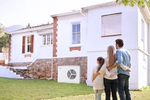 Eine Familie steht vor dem Haus mit Wärmepumpe
